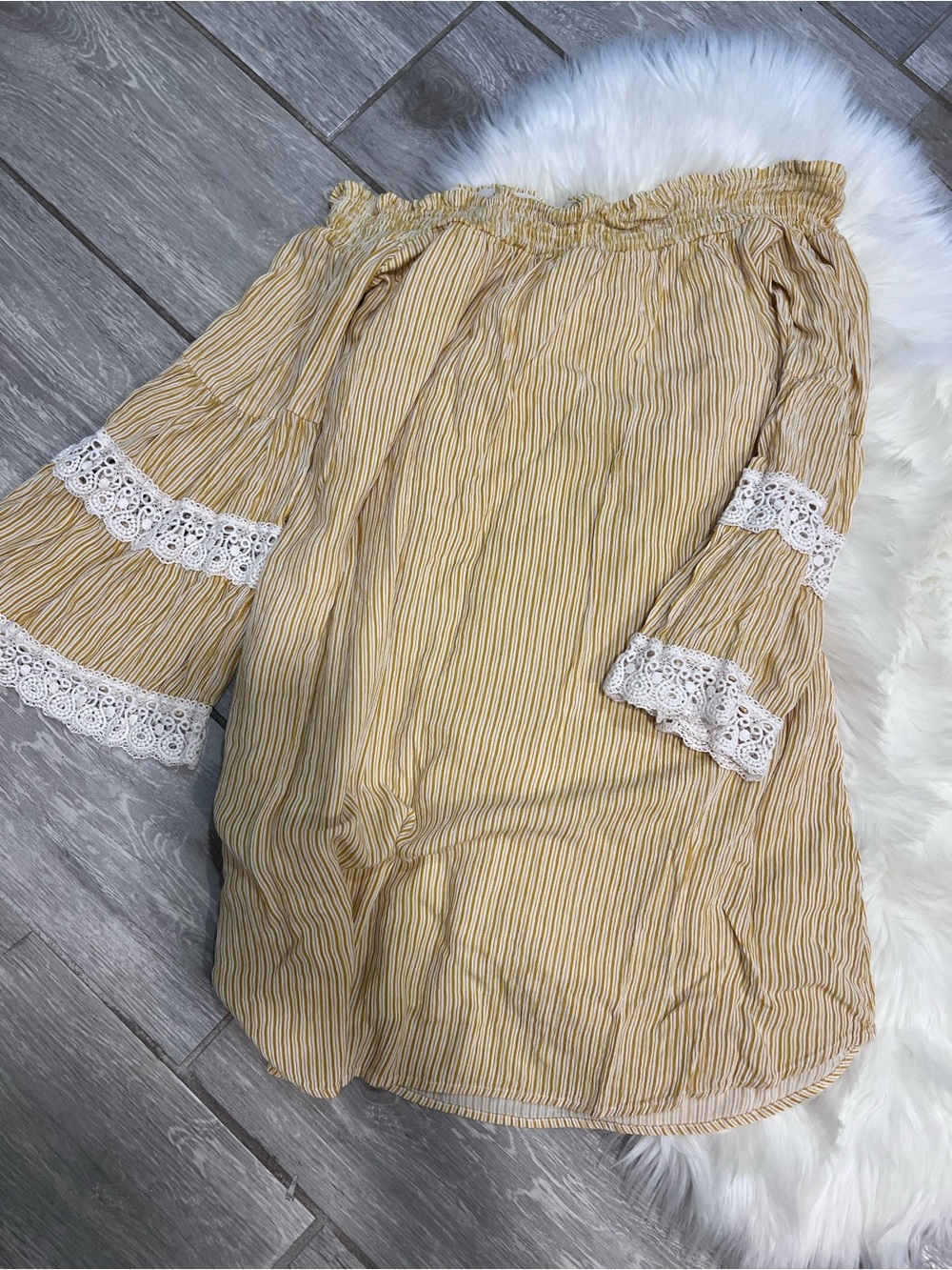 Off-Shoulder Yellow Stripe Mini Dress with Lace Trim